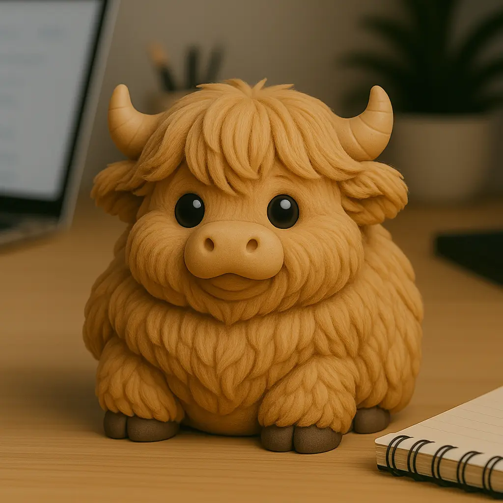 Chunky Highland cow STL figurine with long hair and rounded horns