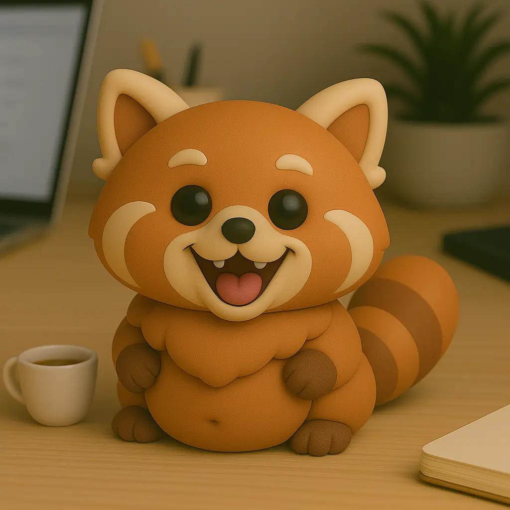 Rounded red panda 3D print character with a large striped tail