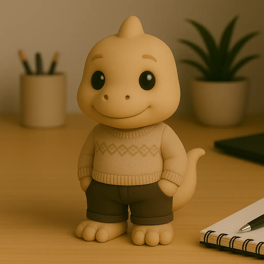 Dinosaur Humanimals character wearing a knitted sweater and shorts