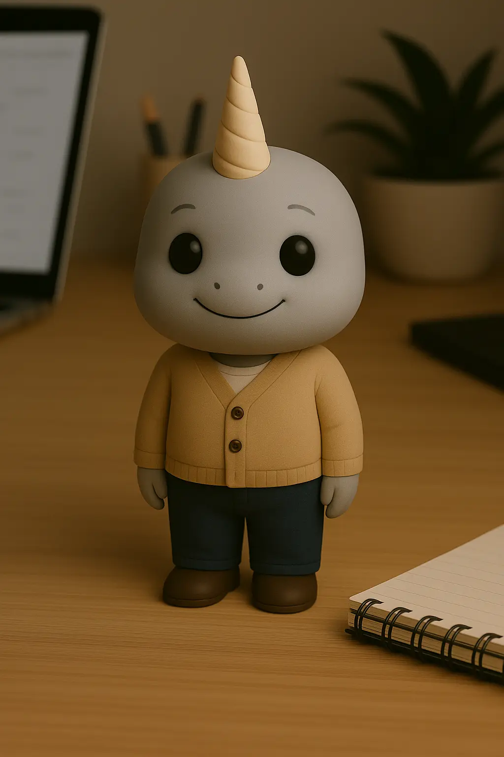 Narwhal anthropomorphic animal STL character wearing a cardigan